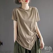 【初色】大碼復古圓領不規則褶皺短袖T恤上衣-共4色-67168(M-2XL可選) M 卡其