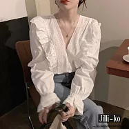 【Jilli~ko】韓國風荷葉邊蕾絲拼接V領設計感襯衫 M-L J11716 L 白色