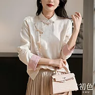 【初色】新中式斜門襟緹花紋理立領七分長袖微寬鬆襯衫上衣女上衣-淺杏色-33013(M-XL可選) M 淺杏色