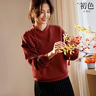 【初色】純色休閒復古盤扣繡花百搭交領長袖女上衣-酒紅色-32779(M-2XL可選) M 酒紅色