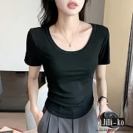 【Jilli~ko】中大尺碼春夏短袖薄款U領彈性百搭簡約短版T恤 M-XXL J11785 M 黑色