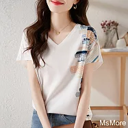 【MsMore】 短袖V領T恤仙雪紡衫氣質百搭印花短版上衣# 121307 XL 白色
