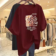 【初色】中大碼線條渲染龍形印花字母短袖T恤上衣女上衣-共8色-33199(M-2XL可選) XL 酒紅色