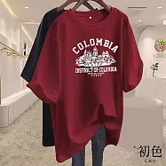 【初色】中大碼圓領撞色城堡印花短袖T恤上衣女上衣-共8色-33198(M-2XL可選) 2XL 酒紅色