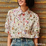 【MsMore】 英國風Liberty印花塔納棉花開短袖荷葉花邊襯衫短版上衣# 121507 L 花紋色