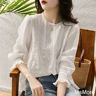 【MsMore】 隱約美鏤空圓領白色定位繡花苧麻感長袖短上衣# 121510 L 白色