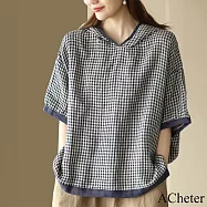【ACheter】 復古連帽格子上衣短袖寬鬆休閒減齡短版上衣# 121561 L 藏青色