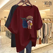 【初色】休閒大碼寬鬆透氣卡通印花中長款遮肚顯瘦圓領長袖T恤上衣-共8色-33566(M-4XL可選) M 酒紅色