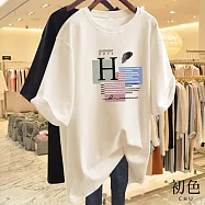 【初色】寬鬆大碼休閒百搭印花中長款圓領短袖T恤上衣-8款任選-33132(M-4XL可選) L H.杏色