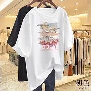 【初色】圓領寬鬆圓領印花五分短袖中長款T恤上衣女上衣-共9色-33564(M-4XL可選) M 白色