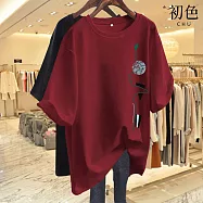 【初色】清新簡約印花圓領寬鬆顯瘦短袖T恤上衣女上衣-共5色-33580(M-2XL可選) L 酒紅色