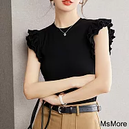 【MsMore】 黑色木耳荷葉邊無袖圓領法式甜美飛飛袖背心短版上衣# 121301 M 黑色