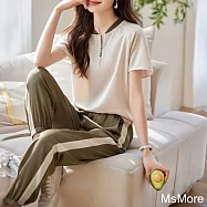 【MsMore】 簡約舒適運動套裝時尚短袖休閒拼色上衣顯瘦鬆緊高腰長褲2件式# 121445 L 橄欖綠色