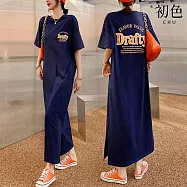 【初色】美式圓領字母印花短袖中大碼洋裝連身裙洋裝中長洋裝-8款任選-33856(M-2XL可選) M H.藏青色