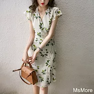 【MsMore】 冷香優雅梔子花高端飄逸絲質印花茶歇中長洋裝# 121492 XL 花紋色