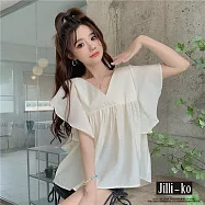 【Jilli~ko】韓系溫柔風甜美百搭V領飛飛袖襯衫女 J11772 FREE 白色