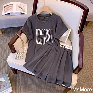 【MsMore】 大碼圓領短袖時尚運動套裝百搭上衣短褲兩件式休閒套裝# 121724 2XL 灰色