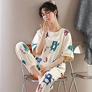 O-ni O-ni舒適透氣寬鬆剪裁圓領/翻領/棉質短袖長褲家居服/睡衣套組_F830/ 3XL 彩色_小熊