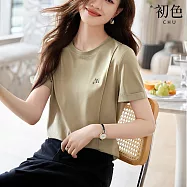 【初色】假兩件拼色刺繡圓領短袖T恤女上衣-11款任選-33456(M-2XL可選) L I.豆綠色