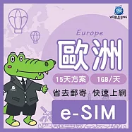 下載版_線上兌換 e-SIM【WorldKing】歐洲多地區網卡15天高速流量(每天1GB，超過降速不斷網)