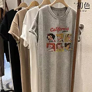 【初色】美式休閒圖案印花圓領短袖中長裙連衣裙連身洋裝長洋裝-共3色-33876(M-4XL可選) M 淺灰色