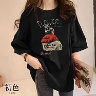 【初色】圓領寬鬆圖案印花大碼顯瘦長款短袖T恤上衣-共5款-33916(M-4XL可選) 4XL 紅圍巾少女