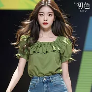 【初色】法式純色荷葉邊方領公主袖短袖襯衫上衣女上衣-綠色-33946(M-2XL可選) 2XL 綠色