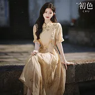 【初色】新中式立領五分短袖改良式旗袍連衣裙連身洋裝-米杏色-33997(M-XL可選) M 米杏色