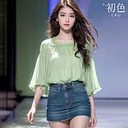 【初色】法式純色荷葉邊方領五分長袖襯衫T恤上衣女上衣-淡綠色-34475(M-2XL可選) L 淡綠色