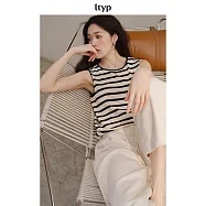 ltyp旅途原品 真絲亞麻棉經典條紋背心 百搭休閒T恤女夏 M L M 圓領-黑杏條紋