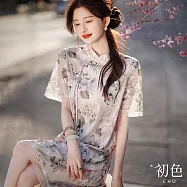 【初色】復古立領盤扣短袖印花拼接蕾絲旗袍中長裙連身洋裝連身裙洋裝-粉色-33812(M-XL可選) M 粉色