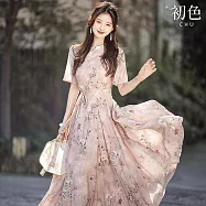 【初色】新中式旗袍改良蝴蝶印花收腰顯瘦休閒立領短袖連身裙洋裝-粉色-33537(M-XL可選) M 粉色