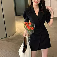 【MsMore】 法式收腰顯瘦西裝連身短裙小個子簡約氣質短袖洋裝# 122034 L 黑色