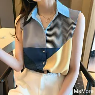 【MsMore】 洋氣拼接色塊背心襯衫無袖雪紡內搭短版上衣# 122109 L 條紋色