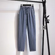 【ACheter】 薄款天絲感復古水洗牛仔褲鬆緊腰九分冰絲蘿蔔哈倫長褲寬鬆# 121803 2XL 灰藍色