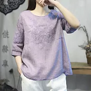 【ACheter】 輕棉麻感刺繡中袖森系寬鬆上衣文藝茶服短版圓領# 121932 L 紫色