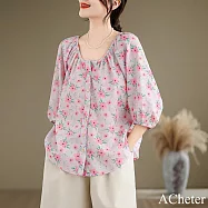 【ACheter】 大碼寬鬆V領燈籠七分袖高端碎花棉麻感襯衫娃娃衫中長上衣# 122142 4XL 橘紅色