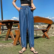 【MsMore】 天絲涼感牛仔褲超薄款冰絲直筒高腰垂感闊腿大碼休閒束小腳九分褲# 121966 5XL 深藍色