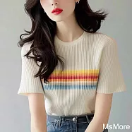 【MsMore】 白色彩虹冰絲針織短袖法式小香風上衣圓領# 122366 FREE 白色