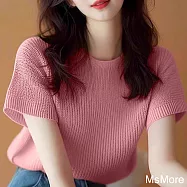 【MsMore】 爆款圓領簡約甜美氣質短款粉色針織正肩短袖上衣# 122088 FREE 西瓜紅色