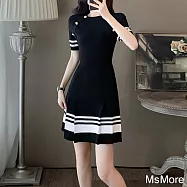 【MsMore】 冰絲針織裙氣質女神小香風短袖圓領顯瘦連身裙短洋裝# 122325 FREE 黑色