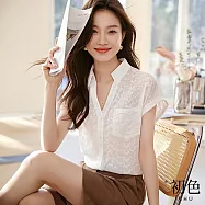 【初色】輕薄翻領V型領口緹花微鏤空小花刺繡無袖襯衫上衣女上衣-白色-33451(M-2XL可選) 2XL 白色