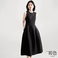 【初色】日韓氣質純色圓領無袖背心連身裙中長裙雪紡洋裝晚禮服-共2色-69227(M-2XL可選) L 黑色