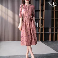 【初色】棉麻風圓領五分短袖綁繩中長裙連衣裙連身洋裝長洋裝-粉紅色-33714(M-2XL可選) M 粉紅色