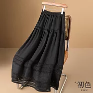 【初色】赫本風純色簡約鉤花蕾絲鏤空大襬圍中長裙半身裙-共2色-30184(M-2XL可選) M 黑色