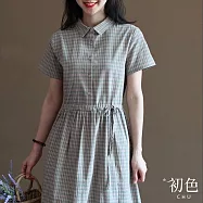 【初色】翻領格紋收腰顯瘦復古半排扣短袖連身裙洋裝-共2色-33732(M-2XL可選) XL 綠格