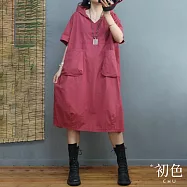 【初色】V領大口袋寬鬆顯瘦大碼連帽短袖連身裙洋裝-共3色-33676(L-2XL可選) L 玫紅色