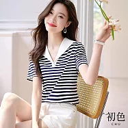 【初色】拼接撞色條紋大翻領V領短袖T恤上衣女上衣-藏青色-33765(M-2XL可選) M 藏青色