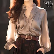 【初色】法式優雅緞面純色簡約顯瘦燈籠袖翻領長袖襯衫上衣女上衣-卡其色-33770(M-2XL可選) M 卡其色