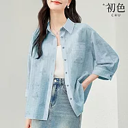 【初色】素色簡約百搭蝴蝶印花清爽防曬七分長袖翻領單排釦襯衫外套女外套-共3色-33803(M-2XL可選) L 藍色